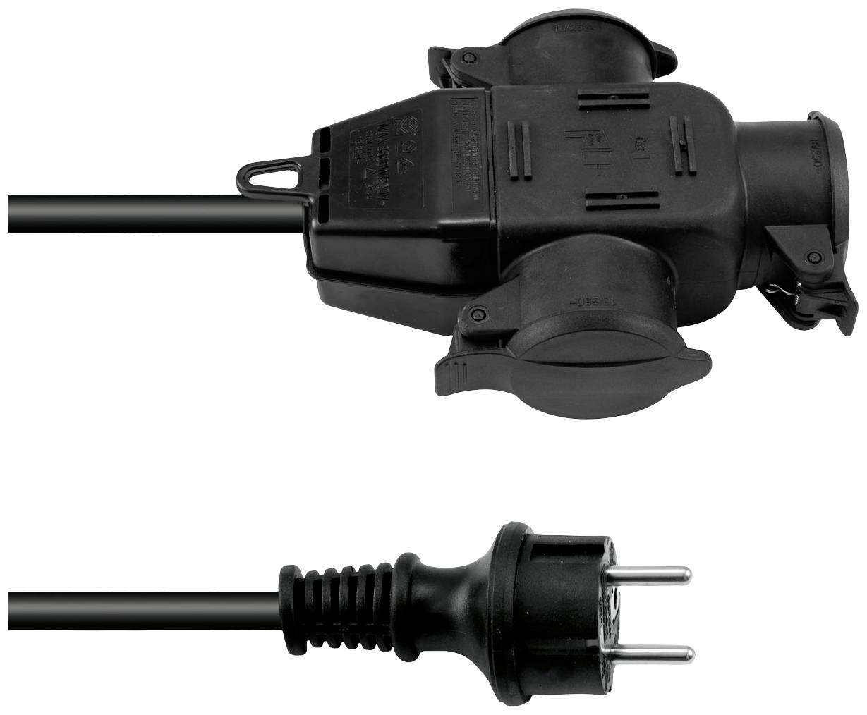 Black power distributor with three plug sockets and a Euro plug, for dividing a power circuit across multiple devices.