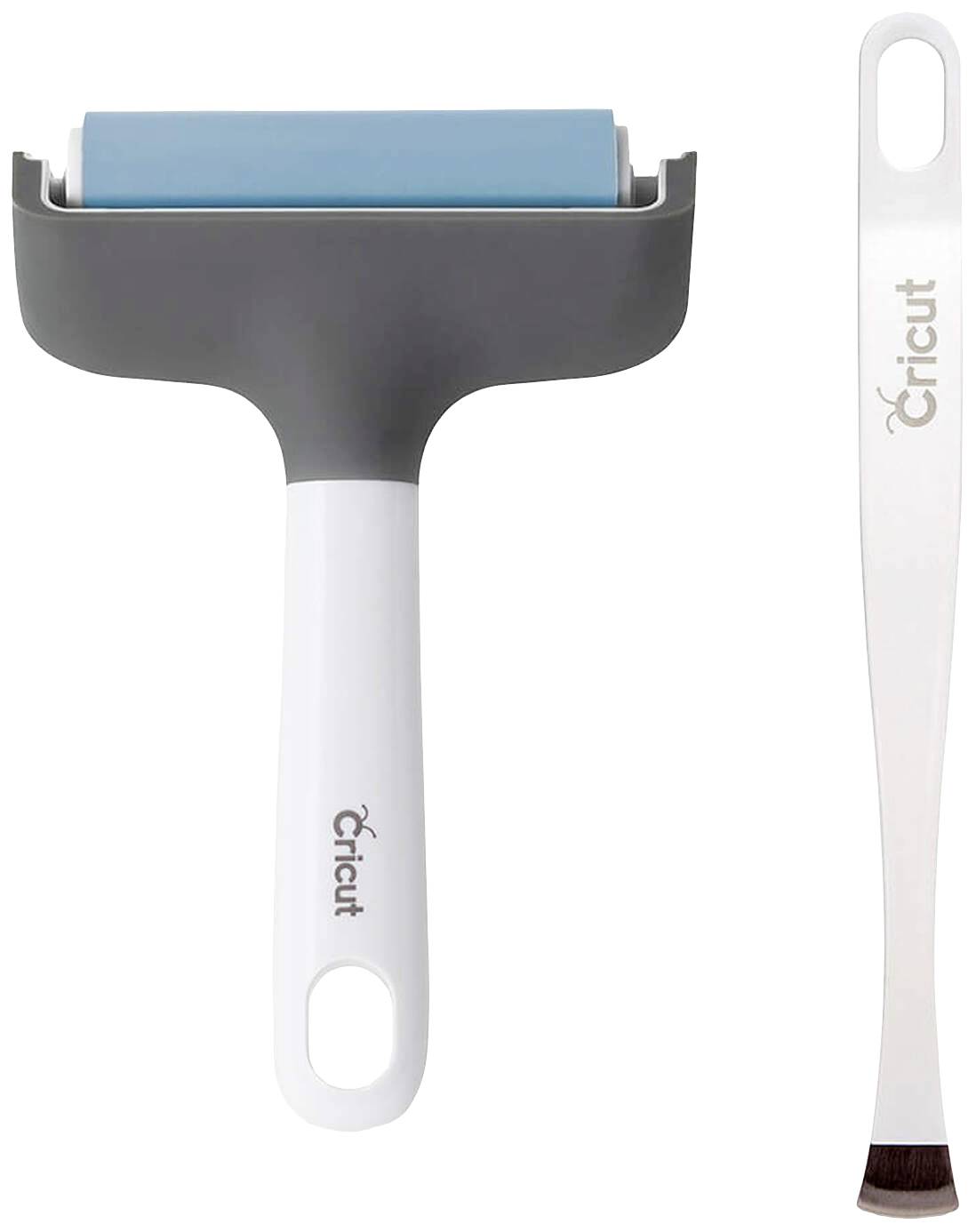 A white-grey rubber roller with a blue roller head and a white spatula with a brush head, both with the 'Cricut' logo.
