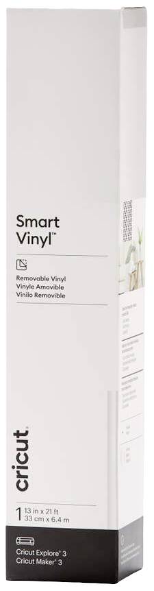 Packaging for 'Cricut Smart Vinyl'. Removable, 33 cm x 6.4 m. White design, compatible with Cricut Explore 3 and Cricut Maker 3.