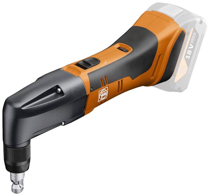 An orange and black cordless multi-tool with a battery at the rear; suitable for construction and renovation work.