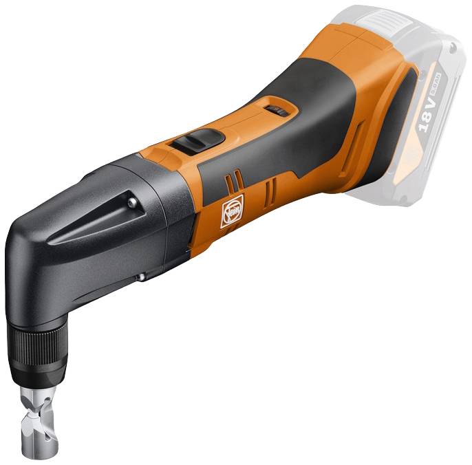 Battery-powered orange and black electric shears for precise metalworking. Compact and cordless designed for easy handling.