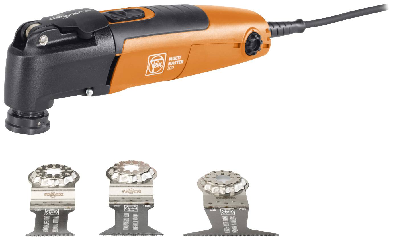 An orange and black multi-functional tool with a cable and three interchangeable blades, suitable for cutting and grinding work.