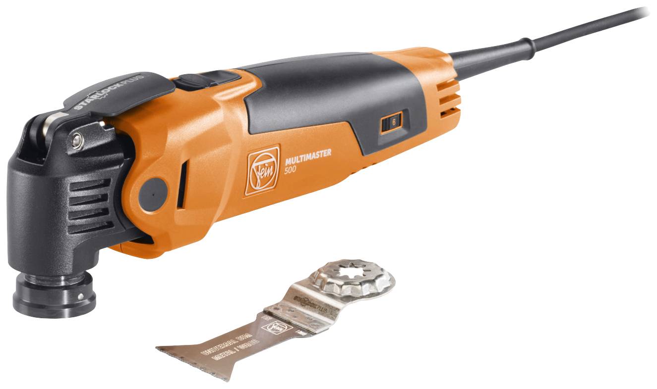 Multi-tool 500 in orange and black with a removable saw blade, perfect for various DIY projects.
