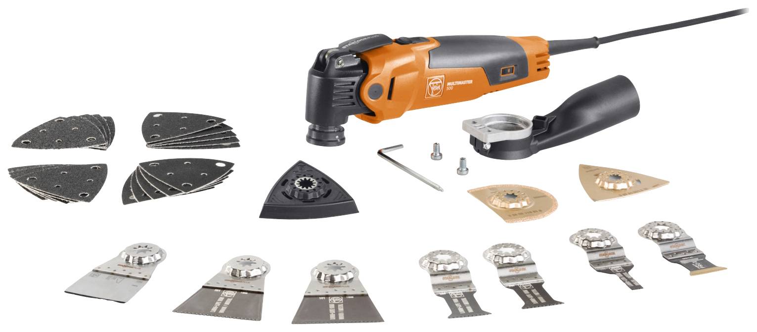 A multi-functional tool with various attachments, including sanding pads and saw blades, suitable for diverse DIY tasks.