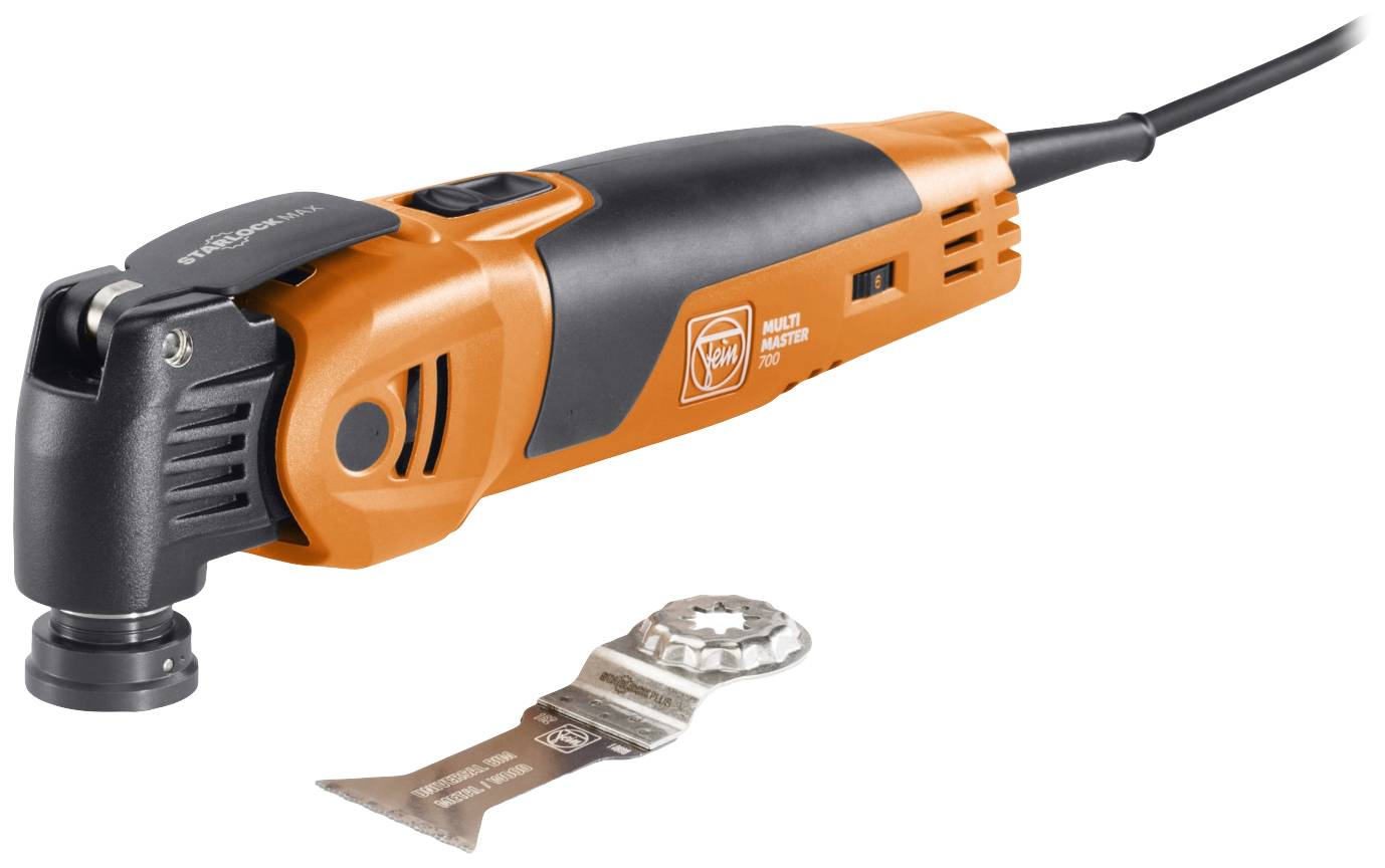 An electric multi-function tool in orange and black with a detachable attachment, suitable for various DIY and craftwork tasks.