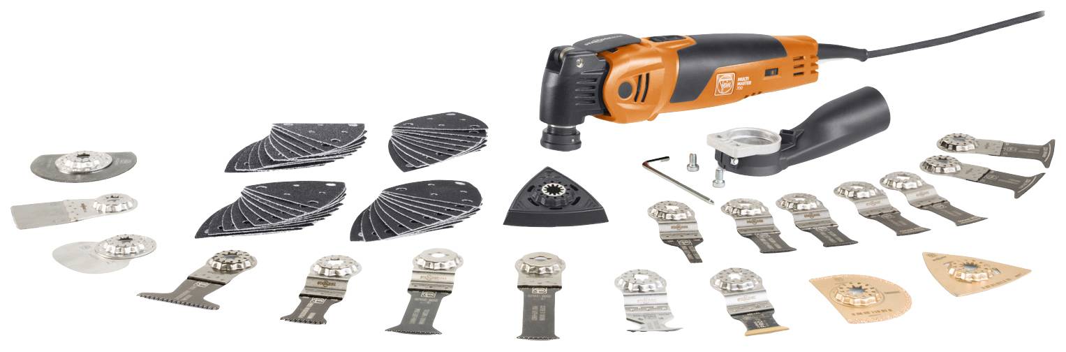 Multifunctional power tool with various attachments: Sanding sheets, circular saw blades, scrapers and other accessories laid out on a white background.