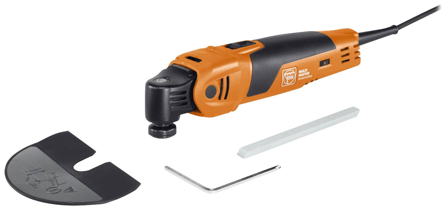 An electric multi-functional tool with accessories including a blade attachment, blade cover, and Allen key.