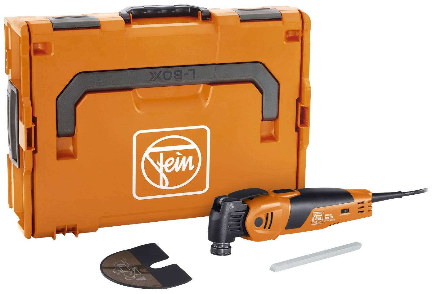 An orange-coloured Fein power tool with accessories lies in front of a matching orange transport case.
