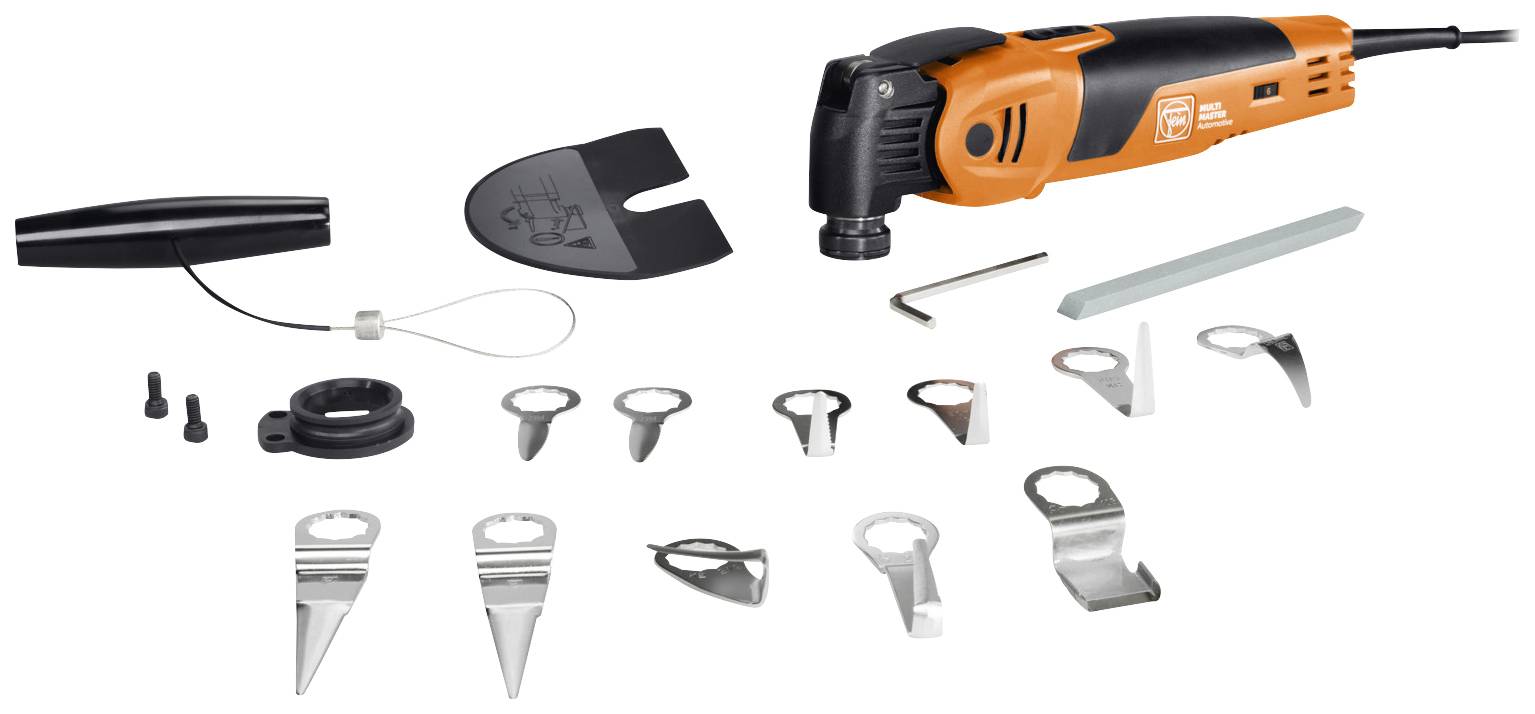 A multi-functional tool with accessories, including various attachments and fastening elements. Ideal set for versatile applications in the workshop.