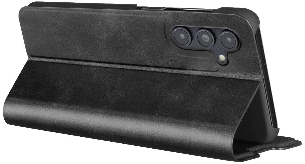 Black leather mobile phone case with camera opening, rear view.