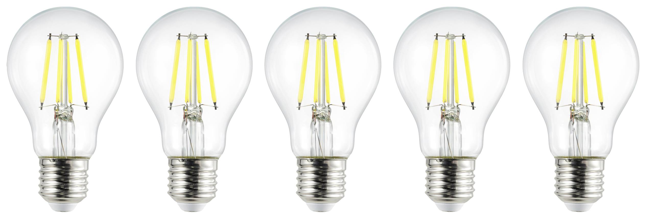 Five LED light bulbs side by side on a white background, all in a switched-off state.