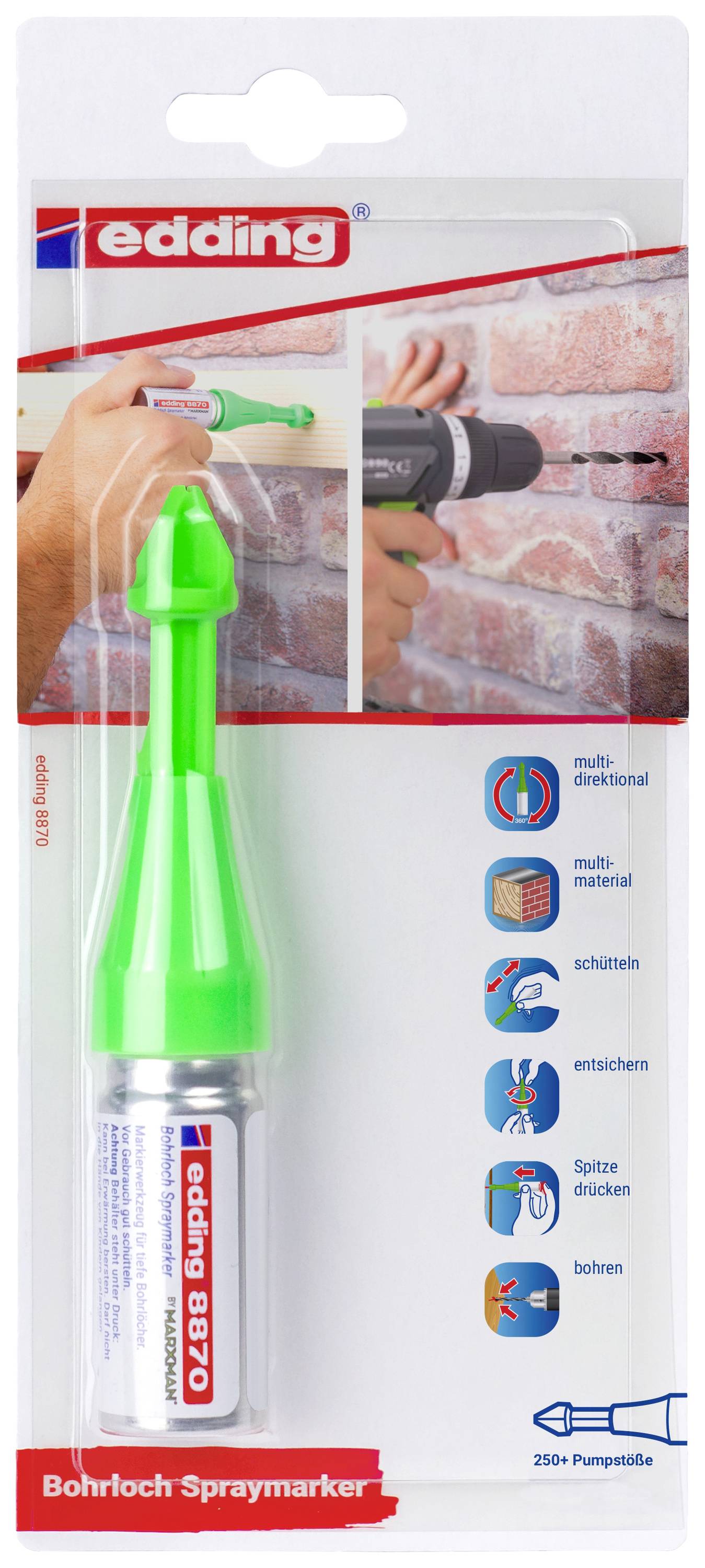 'Edding Drill Hole Marker' in packaging. Contains green marker. Display shows application when drilling into masonry.