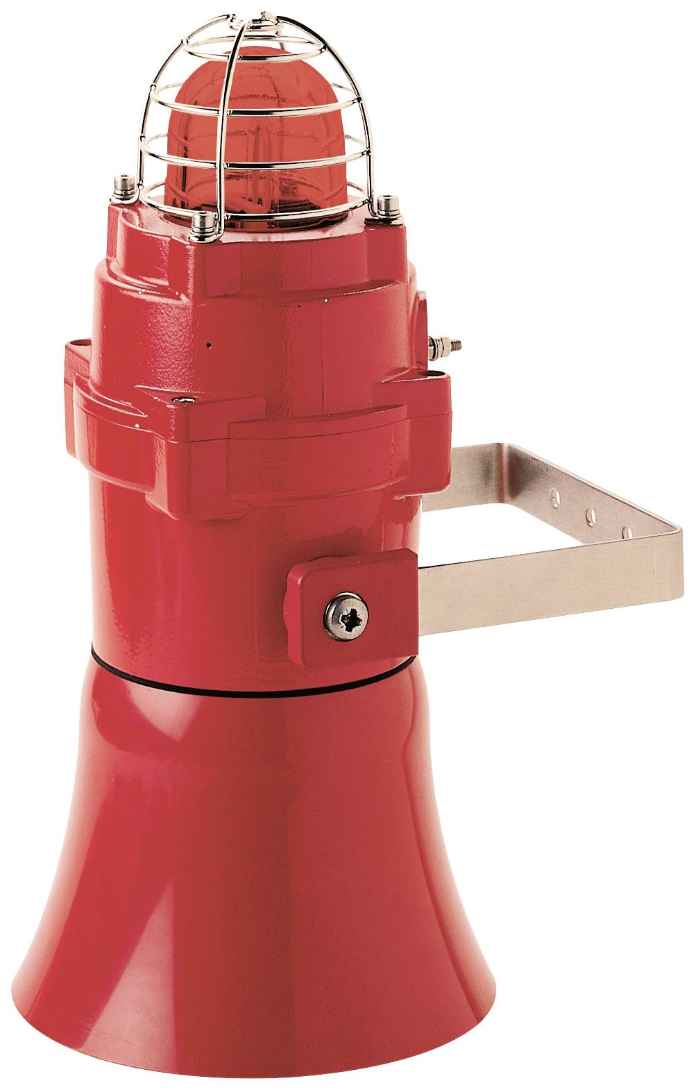 Red warning signal device with protective cage, suitable for industrial applications to provide visual and acoustic warning in hazardous situations.