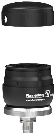 A black device with the inscription 'Pfannenberg'. It consists of two components: an upper housing and a lower section with a connection point.