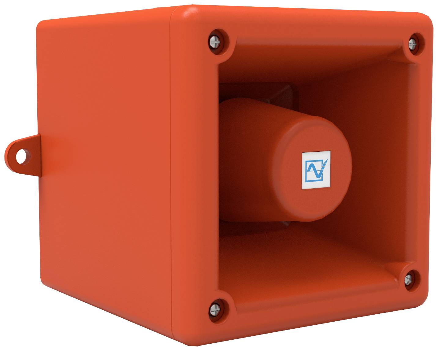 Orange signal indicator in a square housing, mounted laterally, with a blue wavy line as a logo on the front.