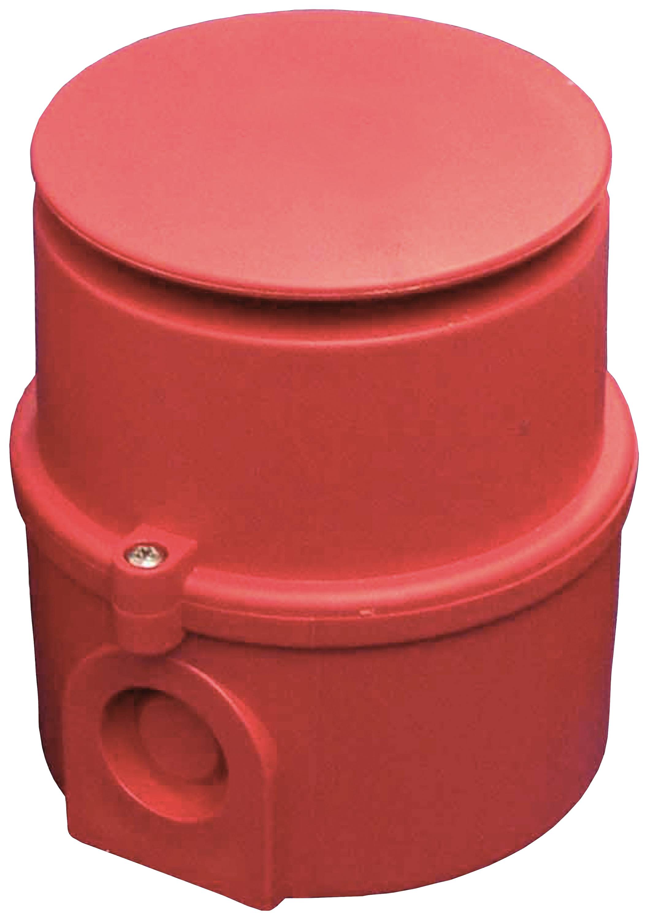 Red, cylindrical cup with lid. The cup has a side opening and a screw for fastening.
