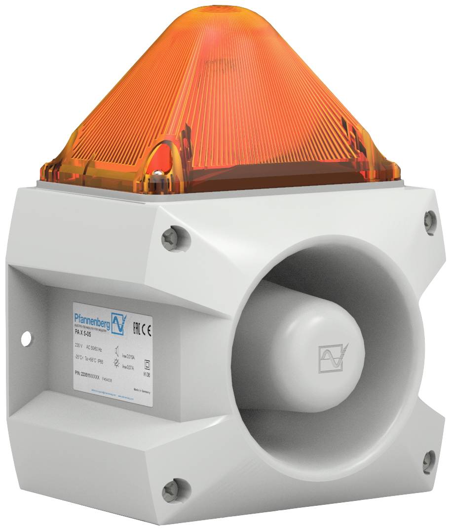 Industrial signal light with an orange cover and grey-white base, suitable for acoustic and visual warnings in factories.