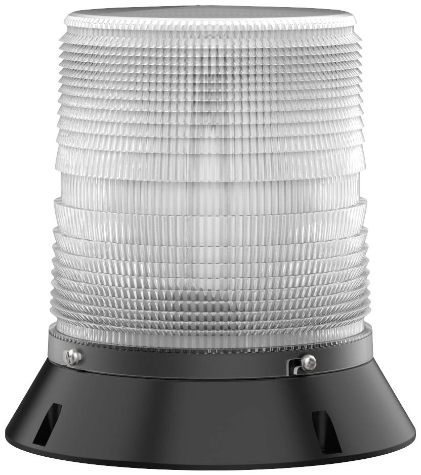 Transparent white LED signal light with black base, used for visual alarms or signals in industrial environments.