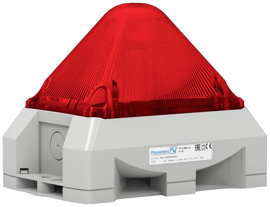 A red alarm indicator light with a rectangular white base. Sticker with model information on the side.