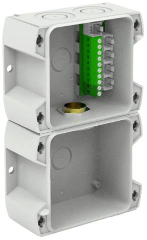 Double plastic casing, upper half contains green terminal strip for wiring, lower half is empty.