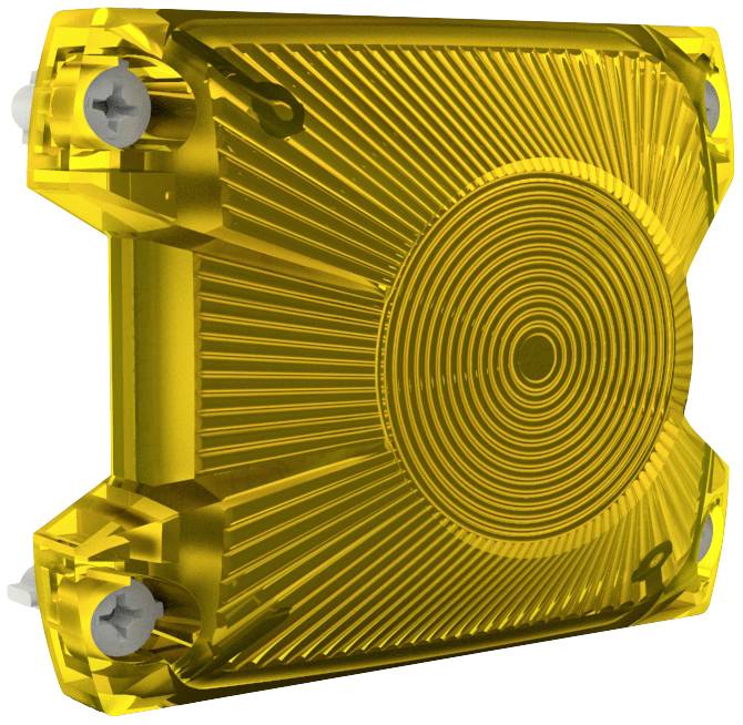 Yellow reflector with a circular pattern in the centre, rectangular shape, secured with screws at the corners.