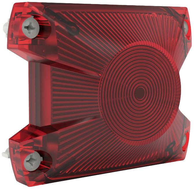 A red, right-angled rear light with a ribbed surface and mounting screws at the corners.