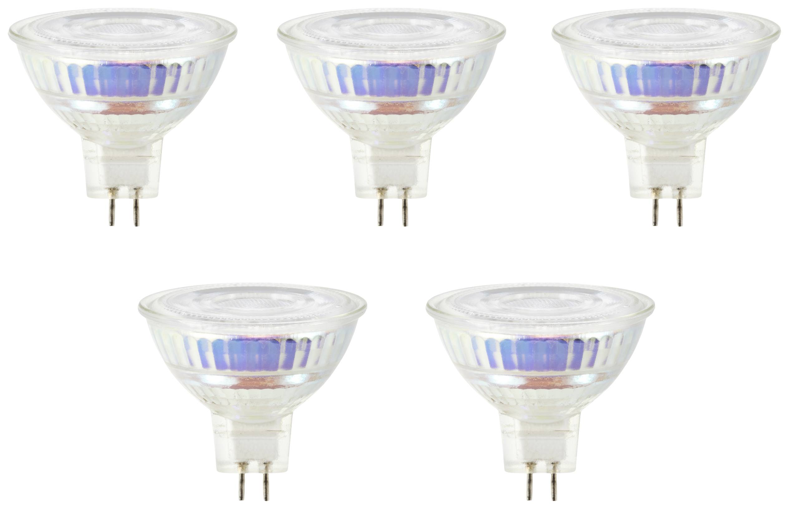 Five halogen reflector lamps in a row. They have transparent casings and two metal pins at the base for connection.