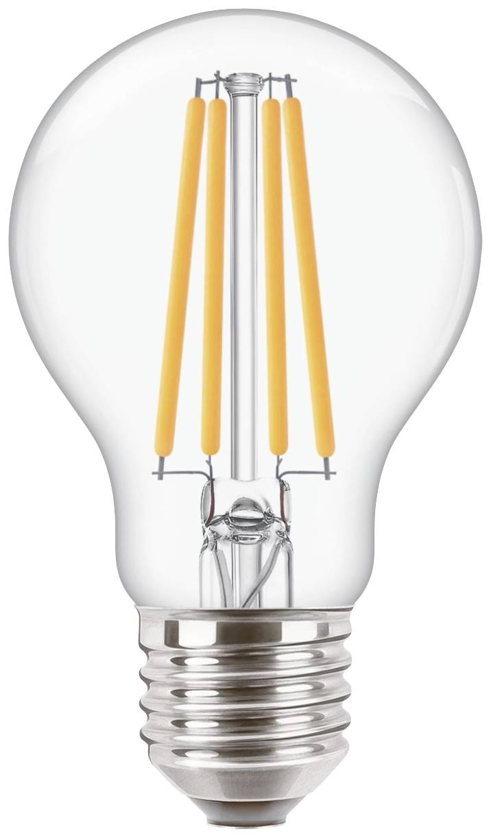 Light bulb with visible filaments encased in a clear glass; modern, energy-efficient LED style.