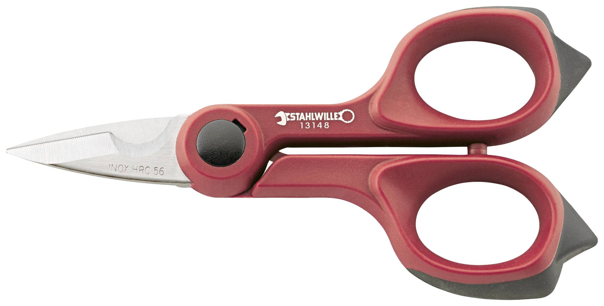 Red, robust universal scissors with a short, powerful blade and ergonomic handles, suitable for cutting thick materials.