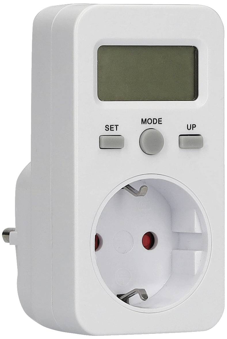 A white electricity metre with a display and buttons for 'Set', 'Mode', and 'Up', which plugs directly into a power socket.