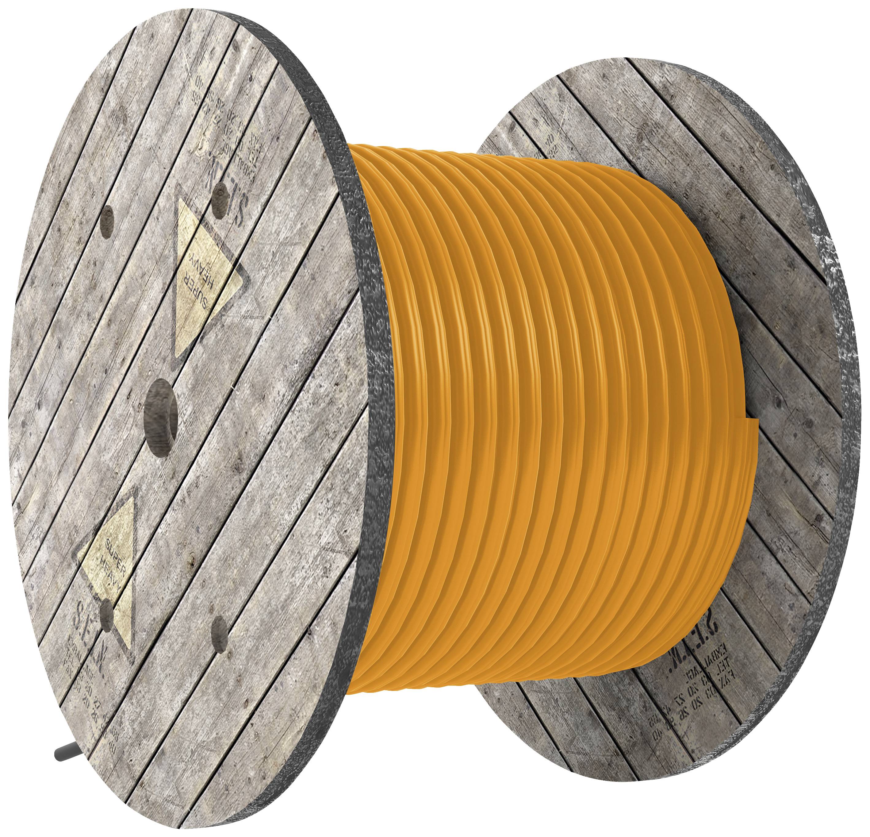 A wooden cable reel with an orange cable wound around it, ready for installation or use.