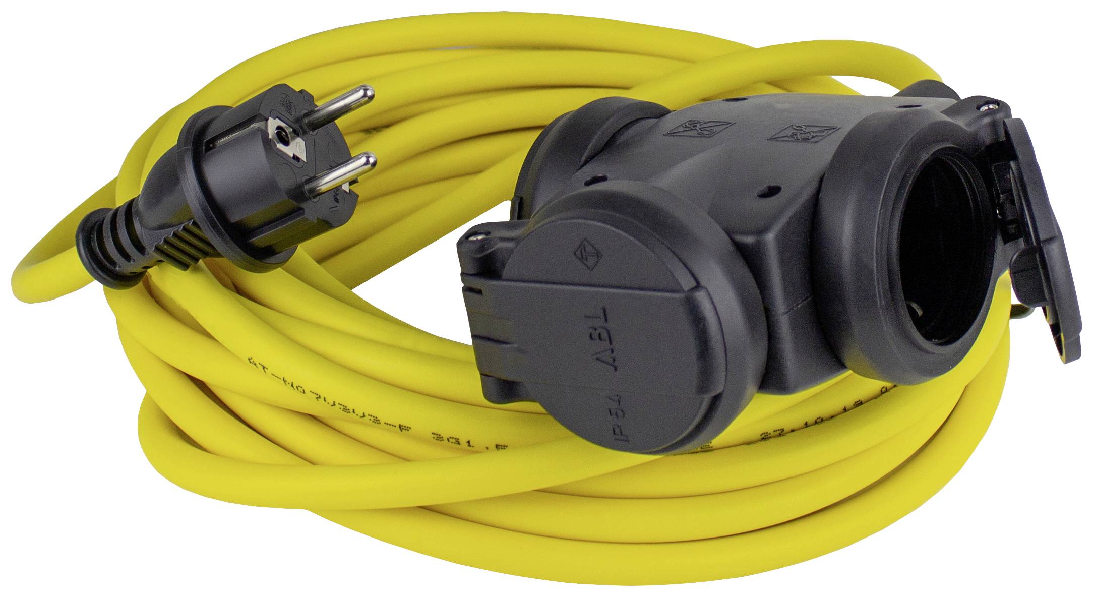 A yellow extension lead with a Schuko plug and black plastic casing for outdoor use, shown coiled up.