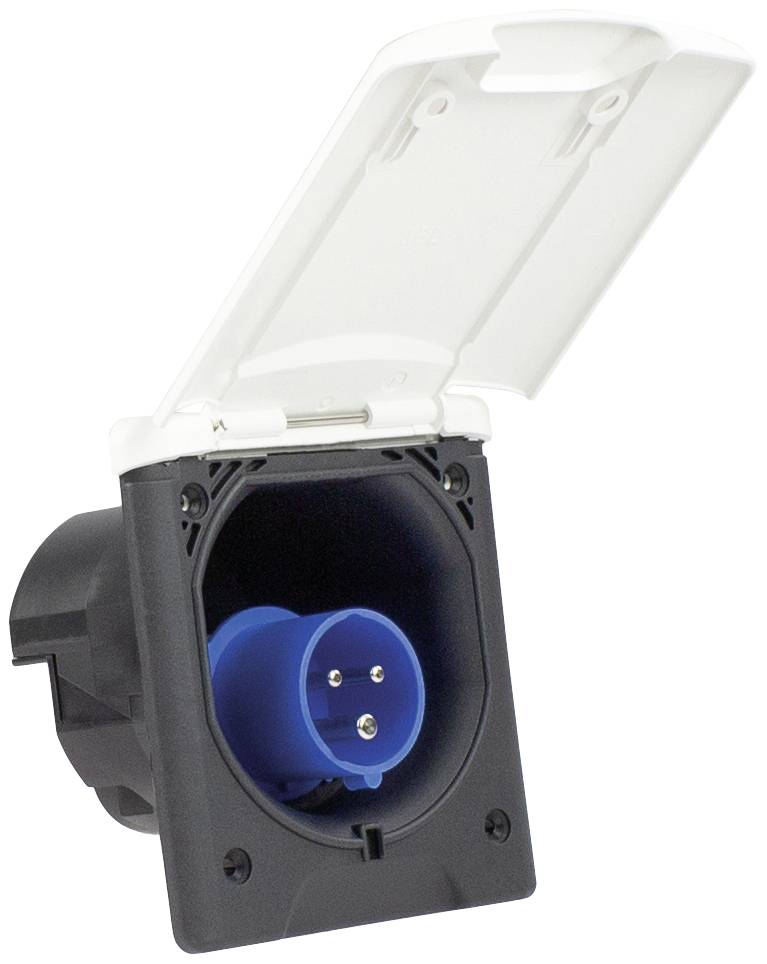 Socket with hinged cover, IP44 protection rating, suitable for outdoor use, blue power connection visible.