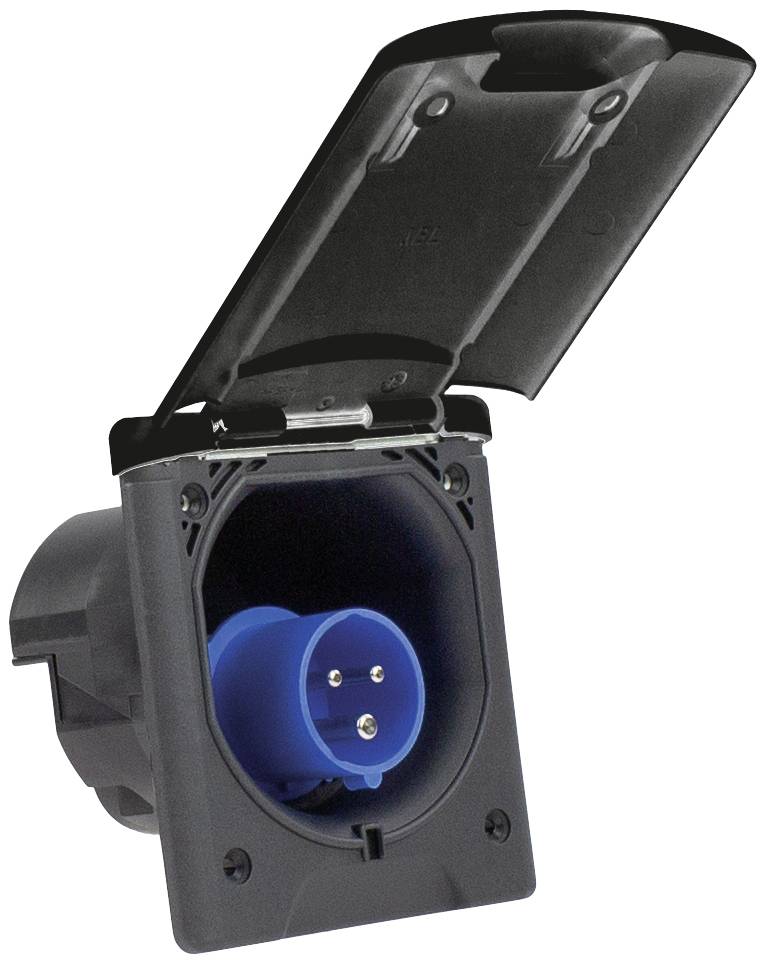 Black socket with open cover and blue earthed plug connection, wall-mounted, suitable for outdoor use.