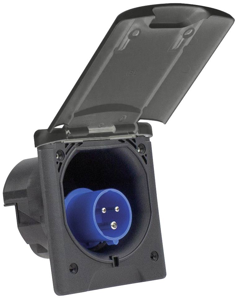 A black, angled external socket with an open hinged lid and a blue plug inside.
