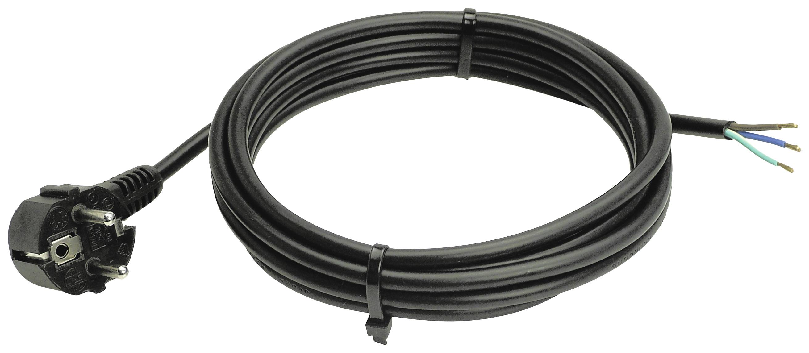 A black network cable with a European plug at one end and exposed wire ends at the other end is coiled in front of a white background.