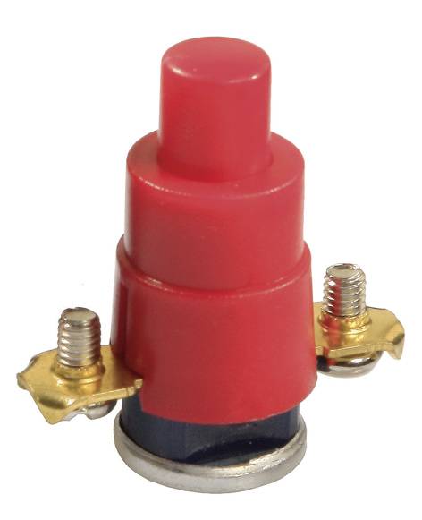 Red push-button switch with two gold-coloured connections at the base.