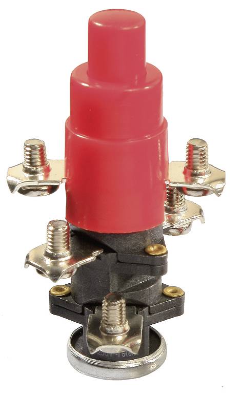 A red toggle switch with multiple metal terminal connections, suitable for electrical connections in switching systems.