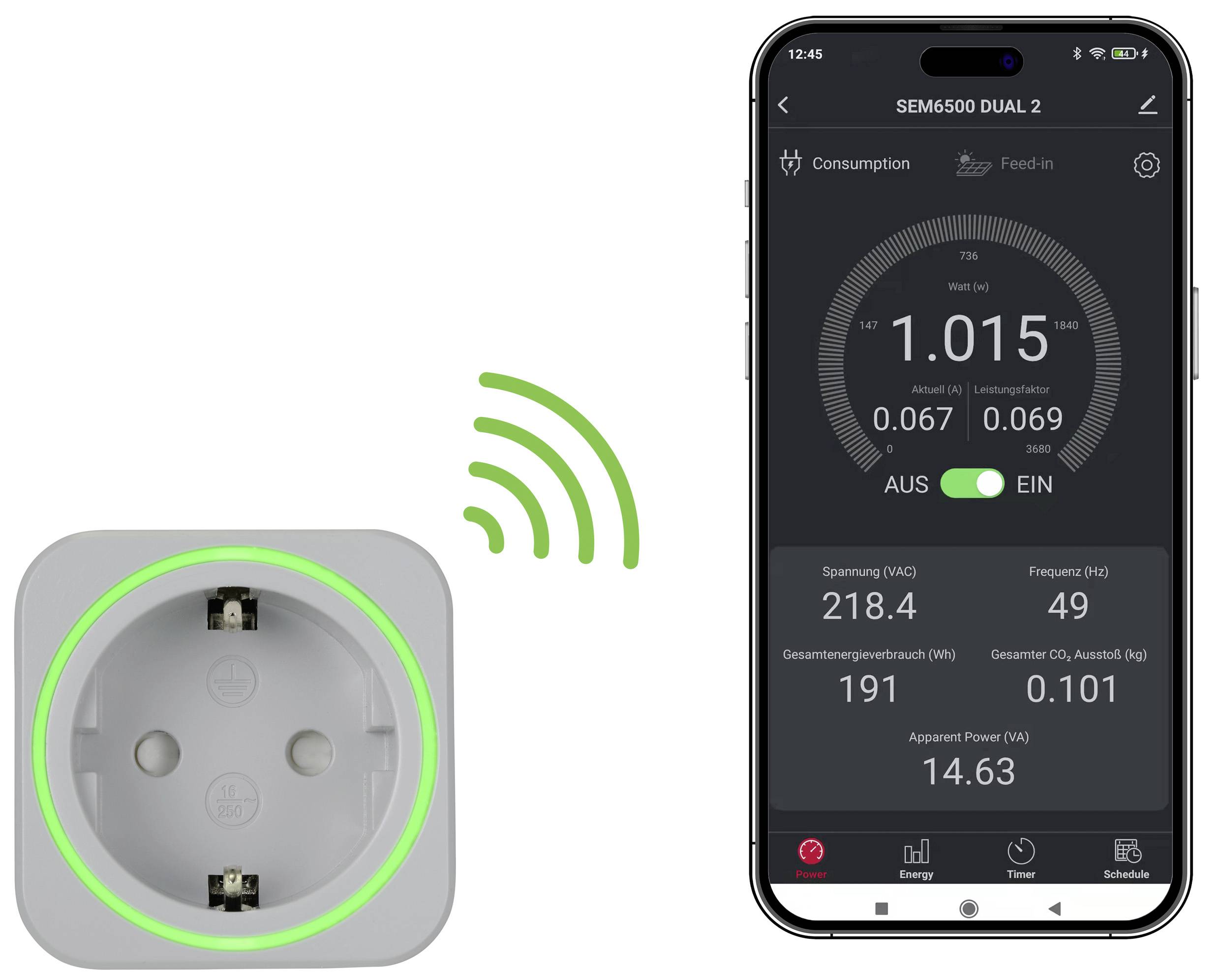 VOLTCRAFT SEM6500 DUAL Energy consumption meter + wireless socket, Data export mode, Data logger, Energy cost calculator, TRMS