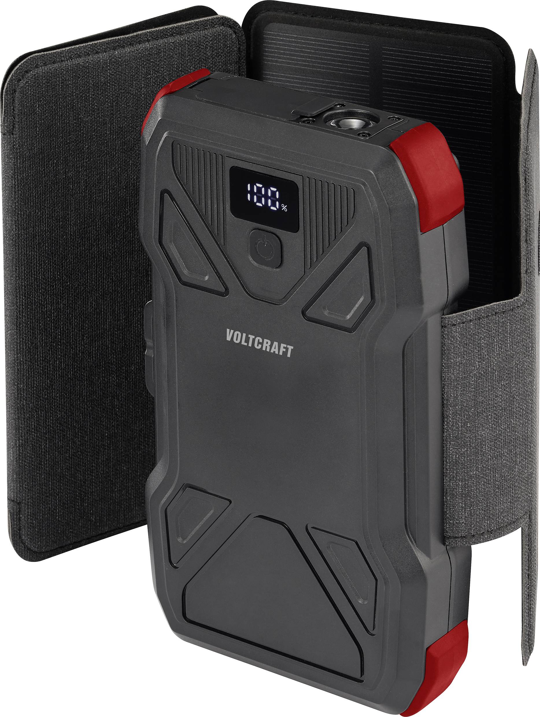 Portable, rugged power bank with digital display, encased in a protective, foldable housing; suitable for outdoor use.
