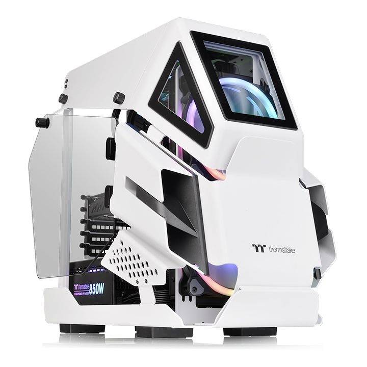 A white PC case with a futuristic design, glass window and RGB lighting reveals the internal hardware and power supply area.