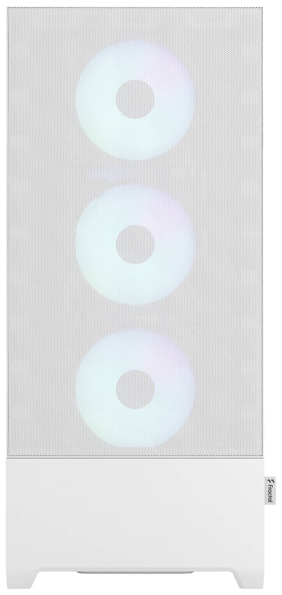 A white computer case with three illuminated RGB fans on the front panel.