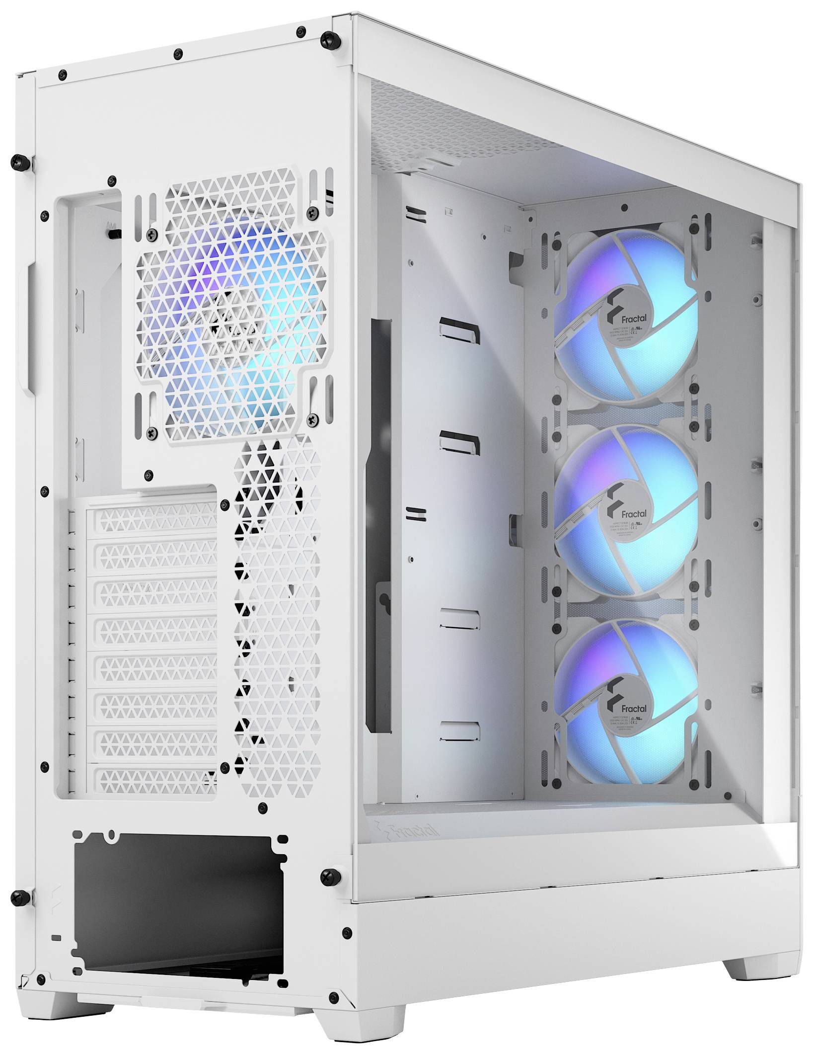 A white computer case with a transparent side panel, revealing three blue-illuminated fans. Modern and open design.