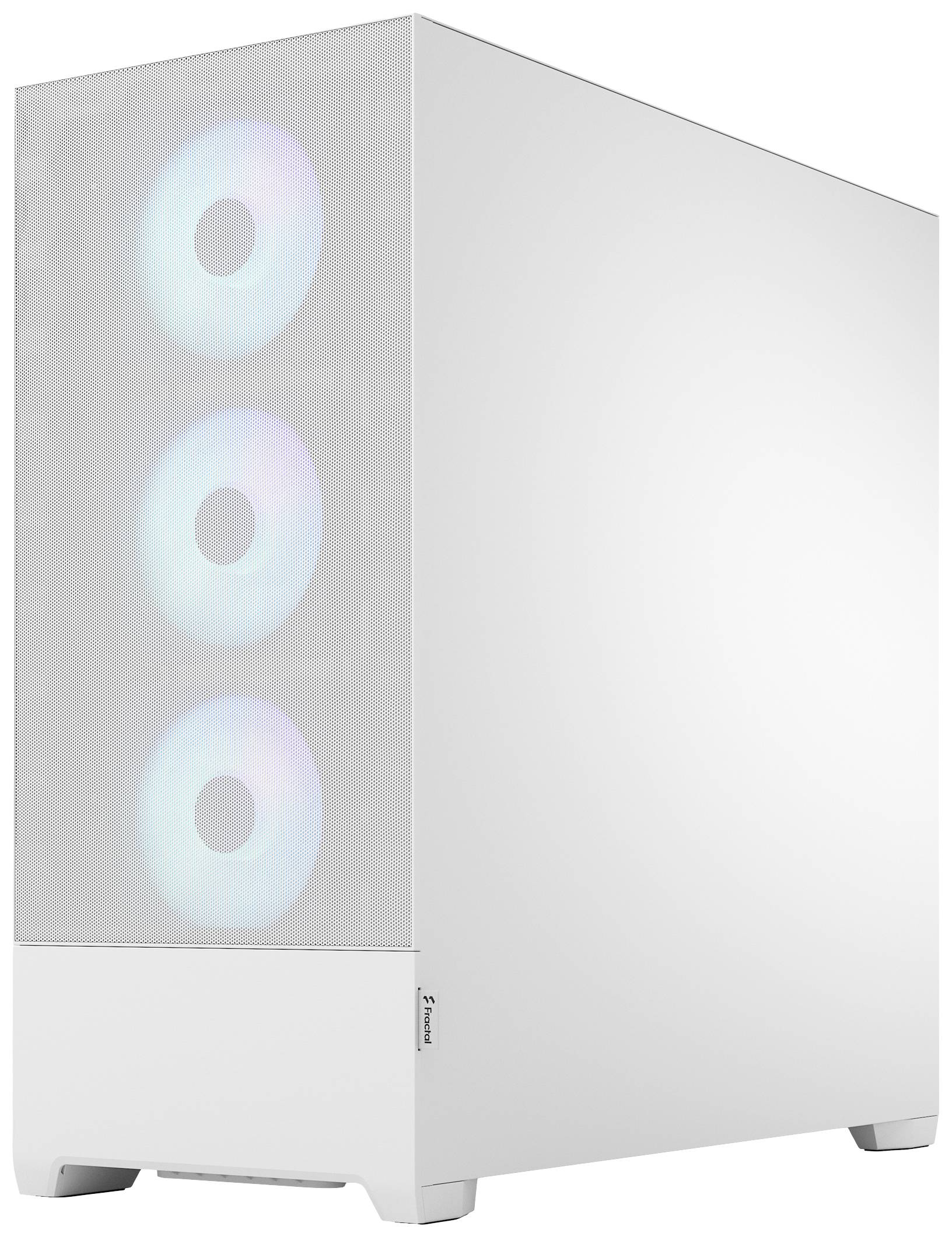 White PC case with a transparent front panel, showing three illuminated fans. Minimalist design, suitable for gaming.