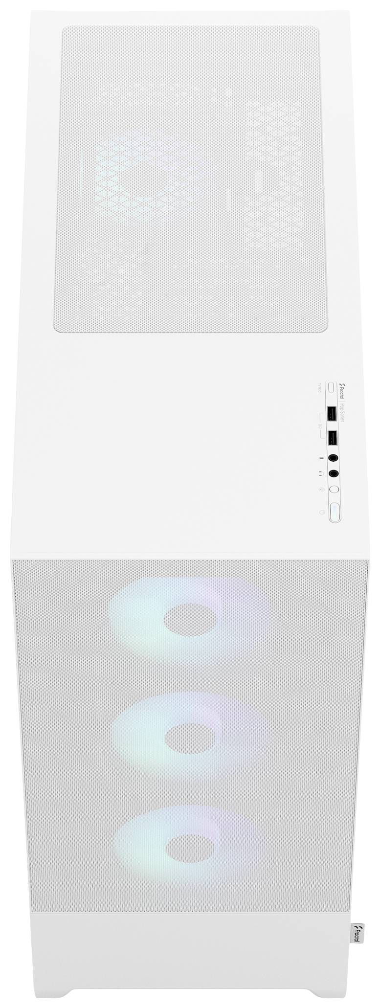 White computer case with three visible fans on the front panel and a control panel on the right-hand side.
