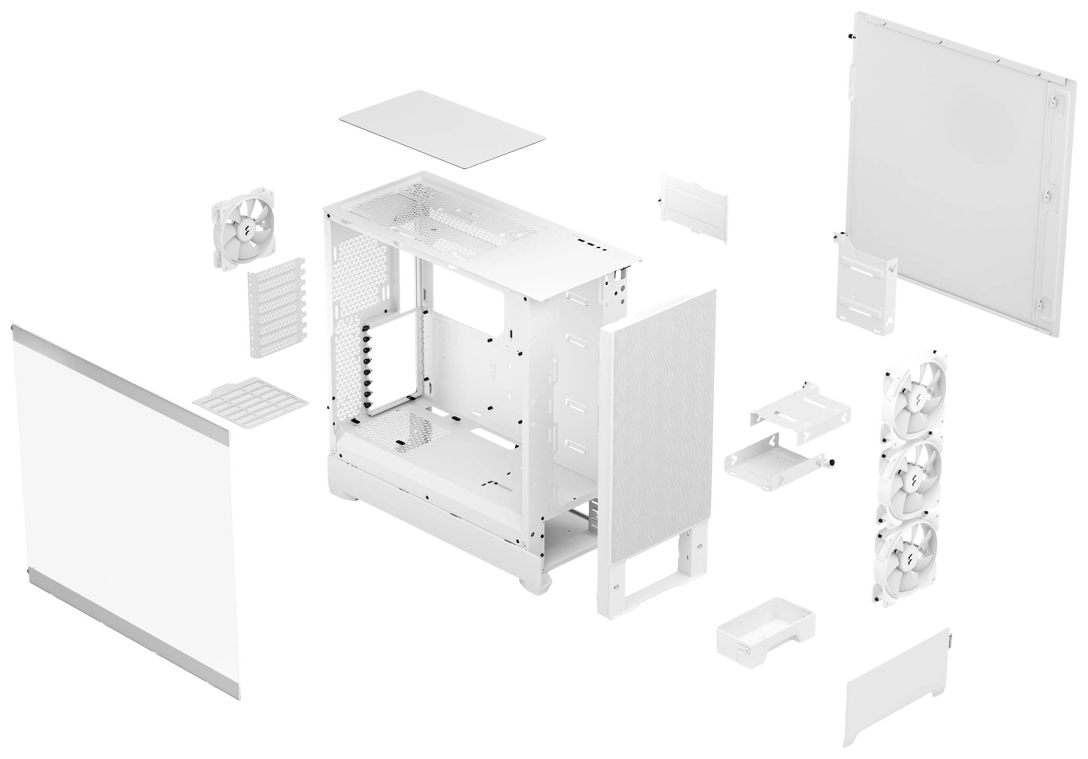 A computer case with removed side panels, fans, and mounting brackets, shown in individual components to display the internal structure.