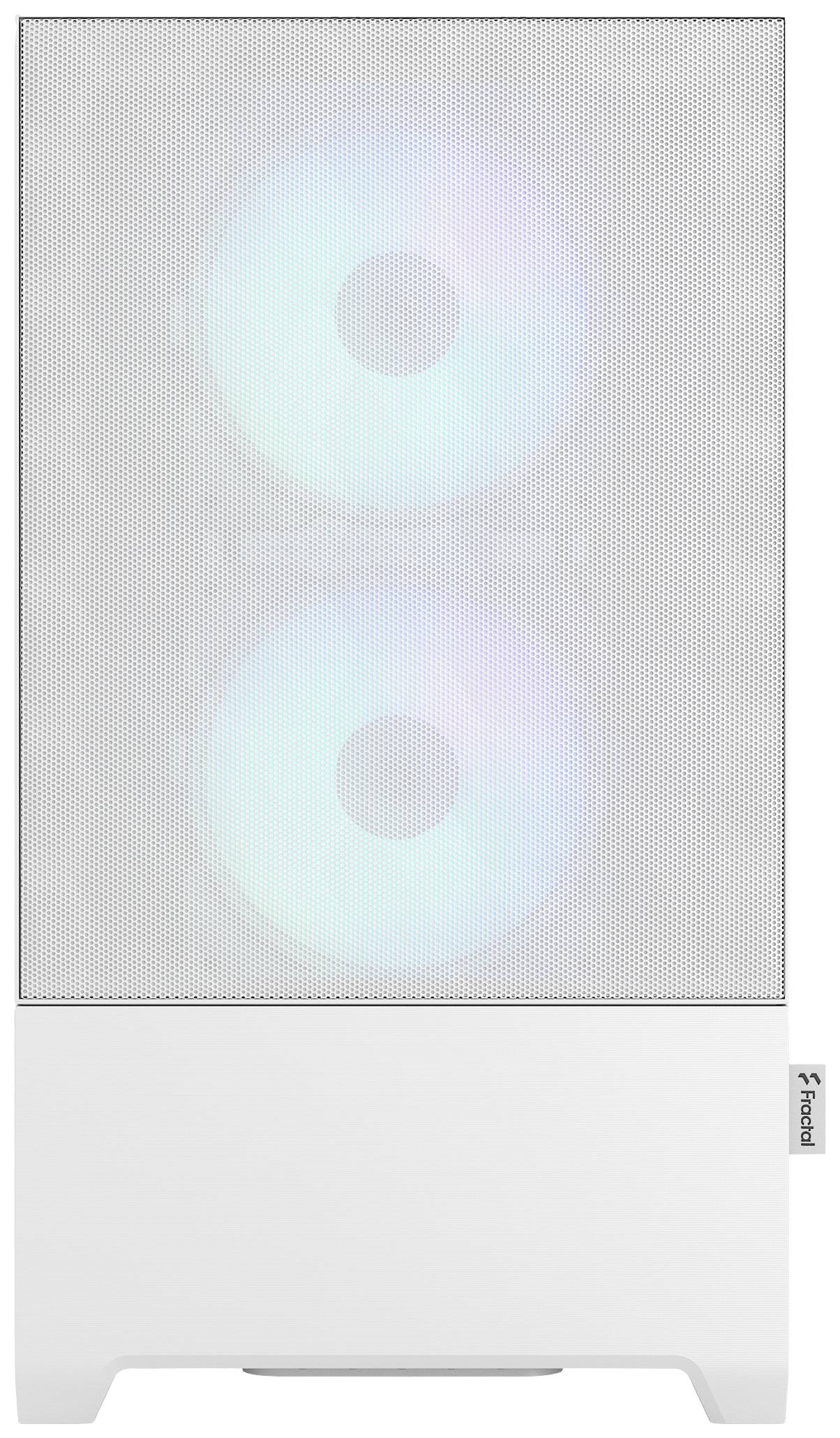White PC case with two visible, illuminated fans behind a mesh front. 'Fractal' brand text bottom right.