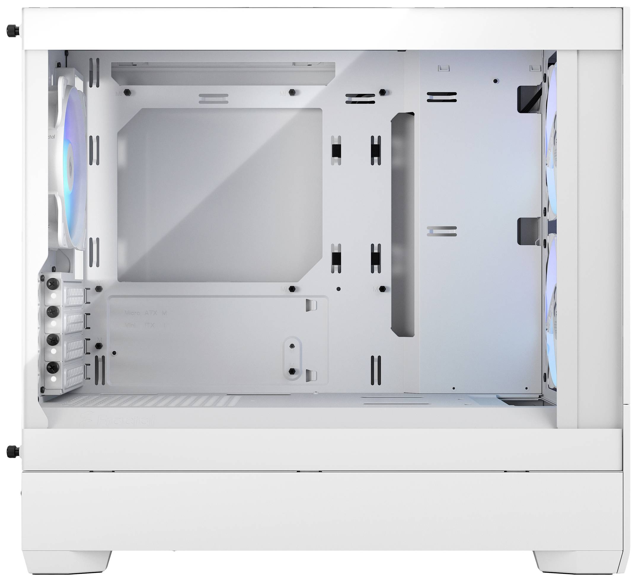 A white computer case with a transparent window reveals an empty interior and mounting bays for components. Fans are visible.