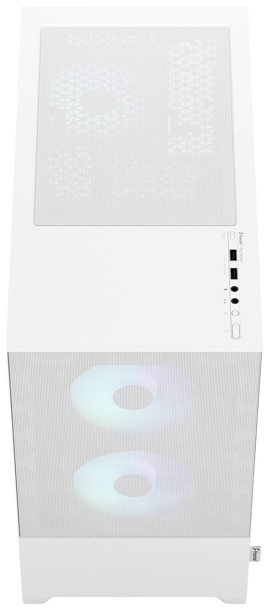 A white computer case with illuminated fans at the front. On the top surface are controls such as USB ports and a power button.