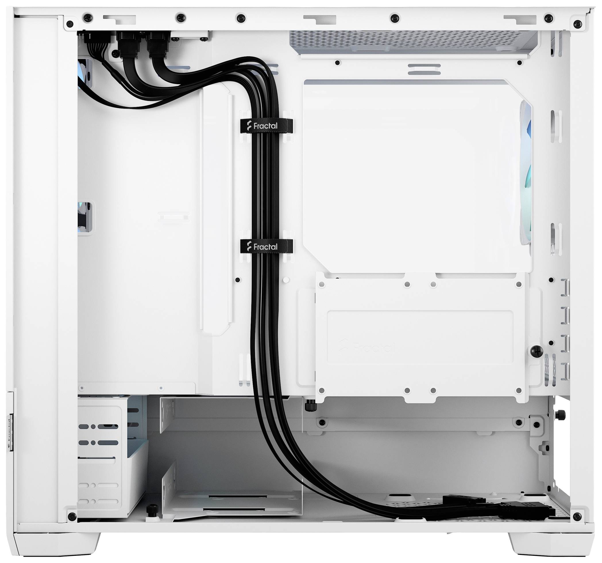 A white computer case with neatly organised black cables on the inside, ready for the installation of PC components.